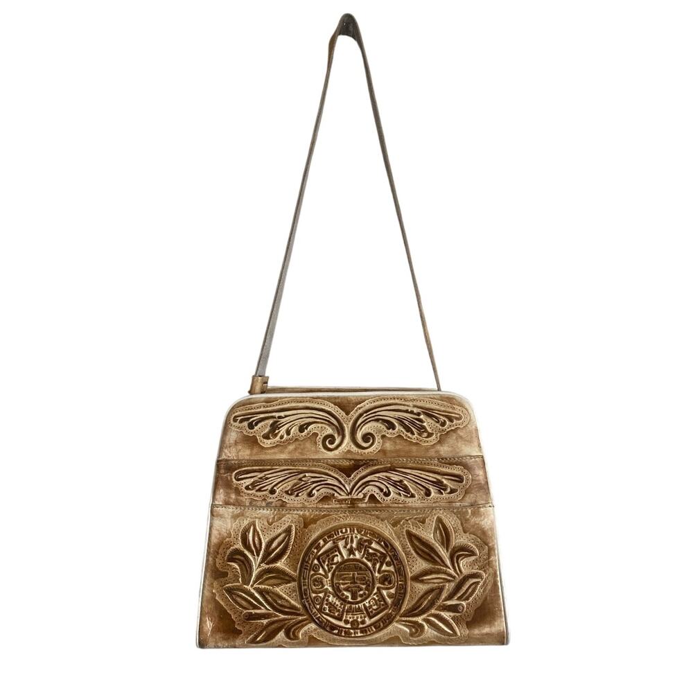 Vtg Maraj Hand Tooled Leather Purse Aztec Calendar Floral Box Bag Western Boho